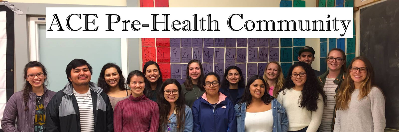 ACE Pre-Health Community banner displayed above a group of smiling students.